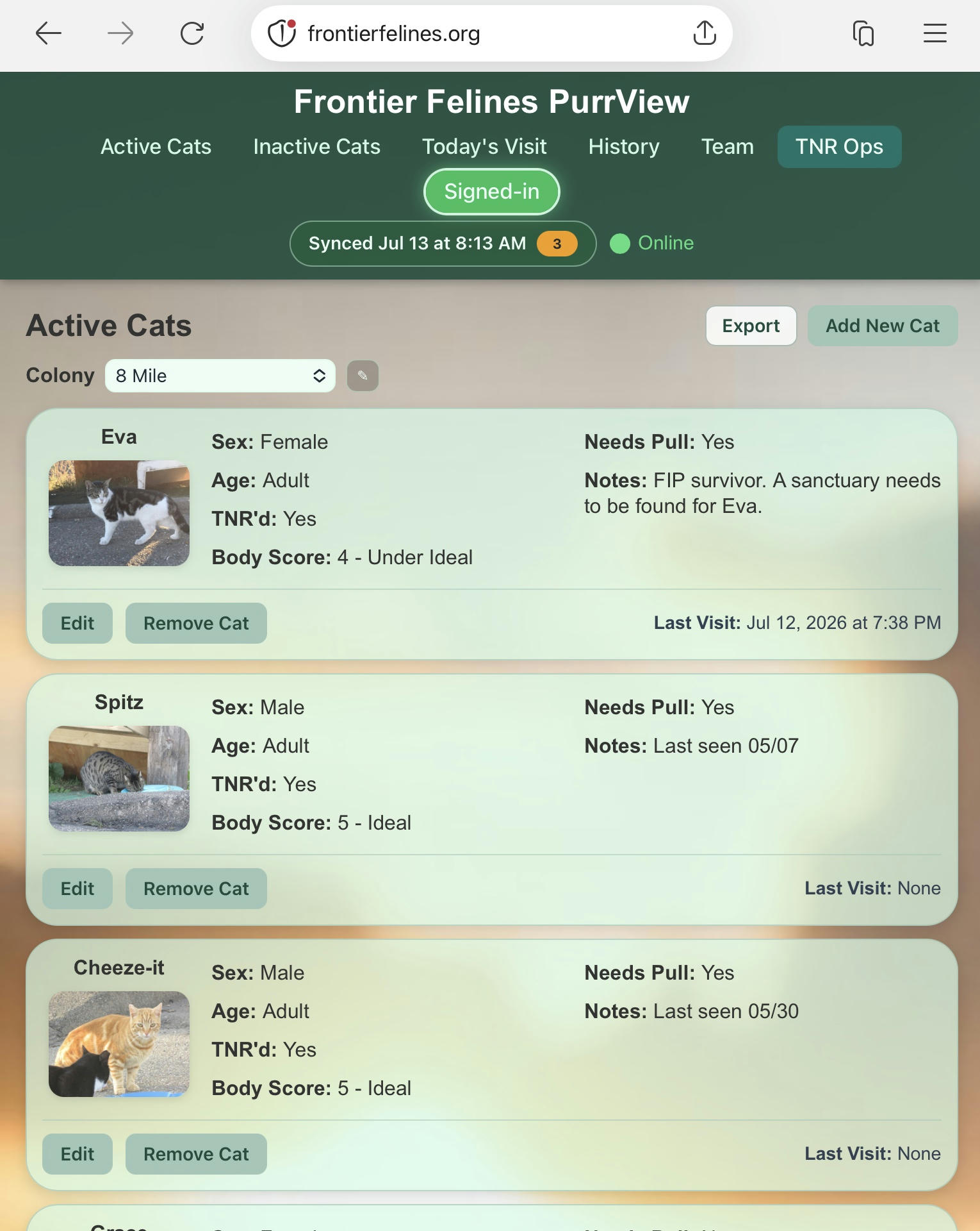 PurrView Active Cats screen: colony switcher, cat cards with photos and health fields, and Sync Now