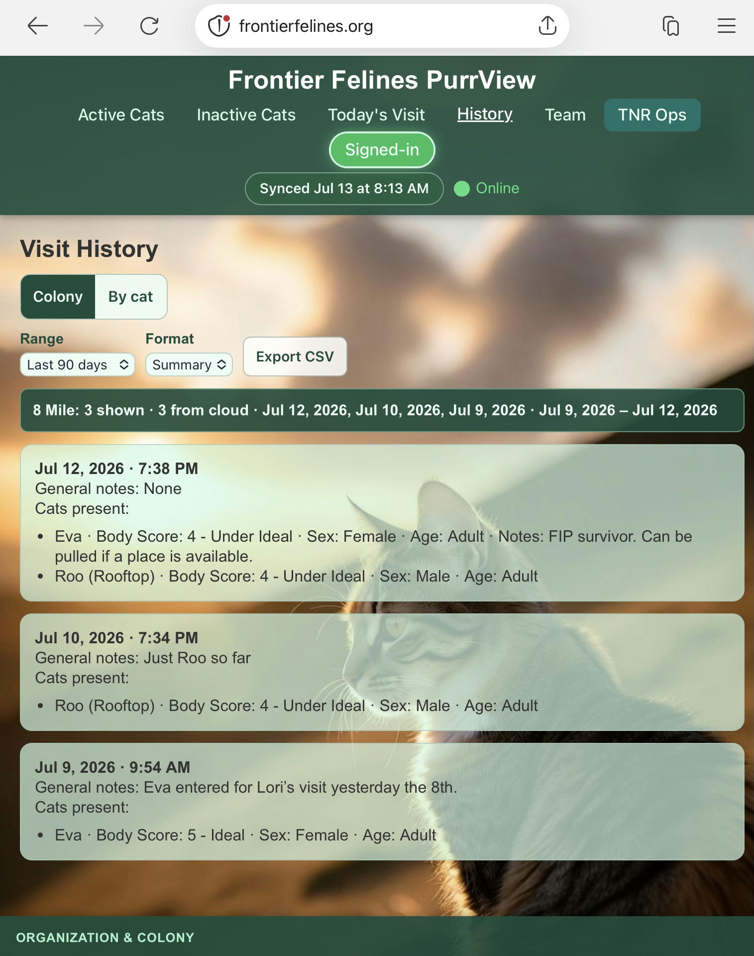 PurrView History screen: Colony and By cat modes, cat selector, and attendance timeline