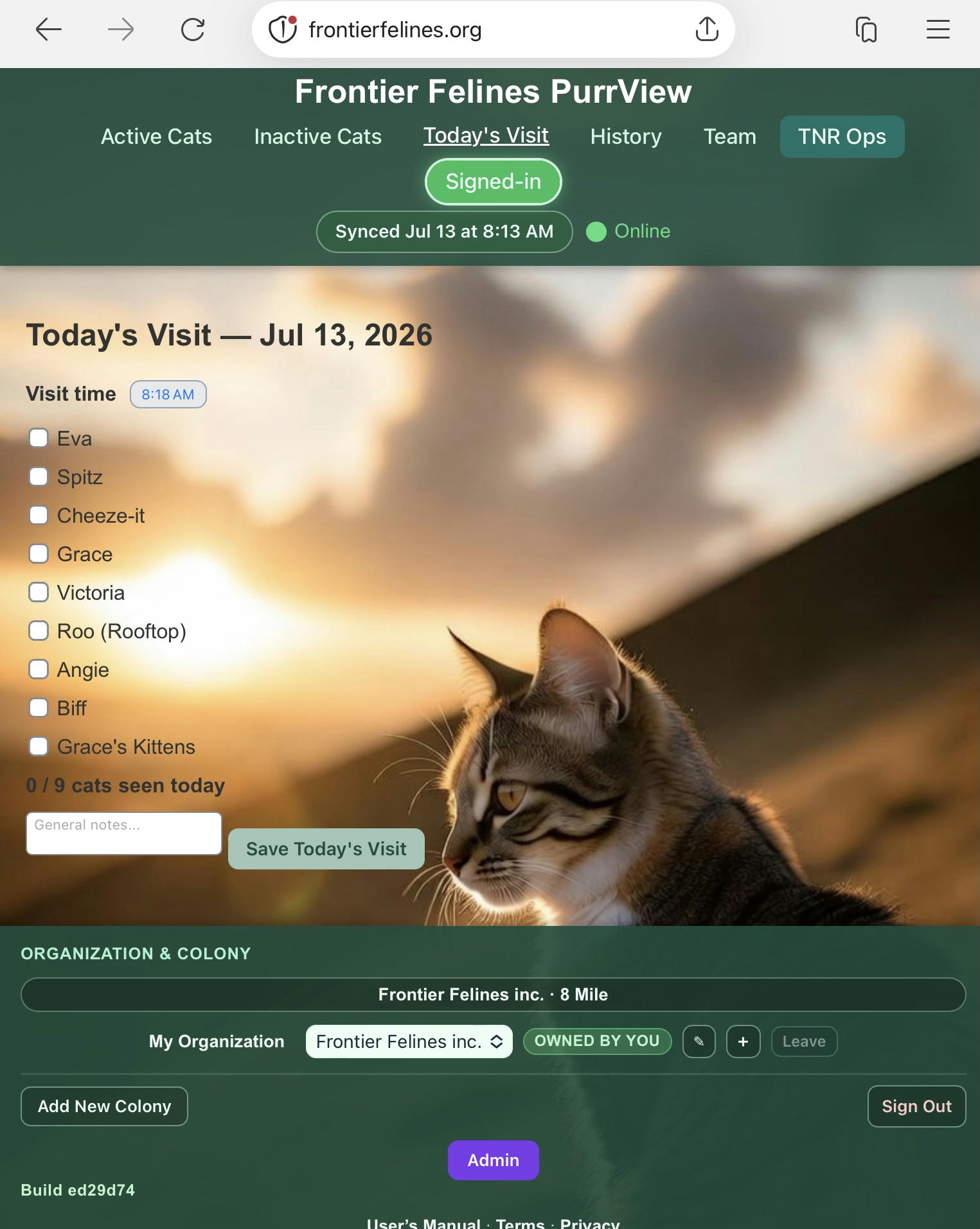 PurrView Today’s Visit screen: roll-call checkboxes for each cat, visit time, and general notes